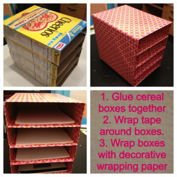 Turn a cereal box into a paper organizer by covering it with some cute shelf paper.