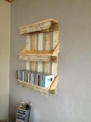 Pallets can make great shelves for books, CDS, and other items. Simply sand and hang it on the wall. 