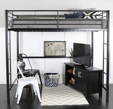A raised bed on a metal frame makes a perfect sleep and play area for any small space.