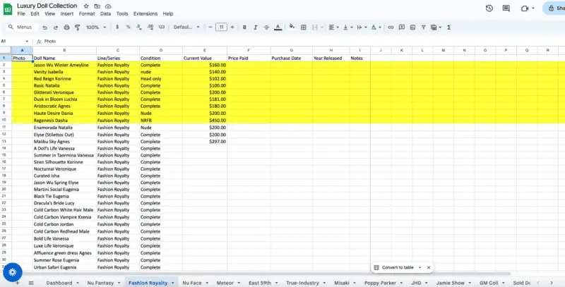 Doll spreadsheet