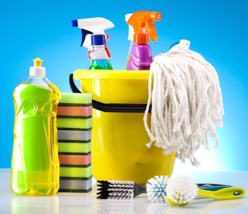 : A cleaning business requires supplies like a bucket, sprays, soaps, different-sized scrub-brushes, and more