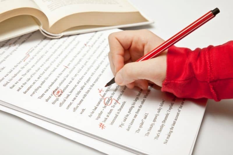 Proofreading close up of a red shirted arm holding a pen to proof read.