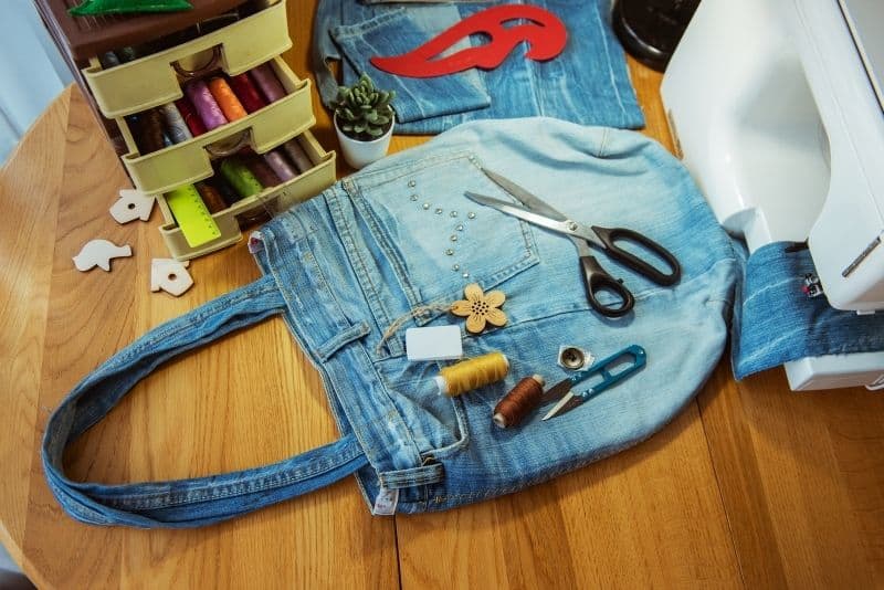 Handbag made out of jeans that can be sold online to make money.